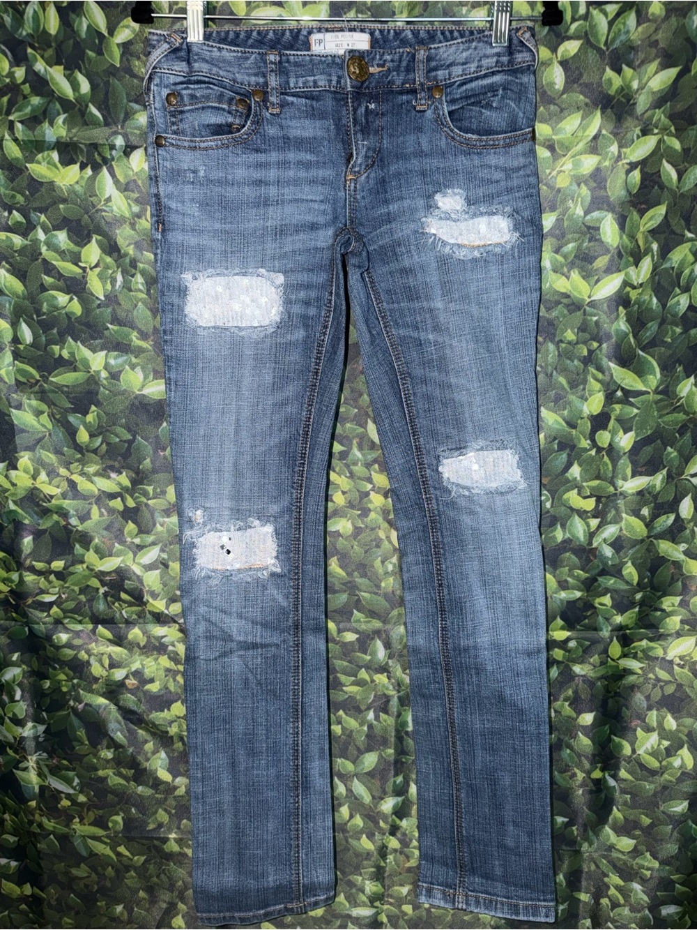 Free People Women's Blue Distressed Skinny Jeans